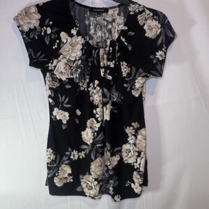Women's Liz McCoy Large Black Cream Roses Print Short Sleeve Top Blouse Bow